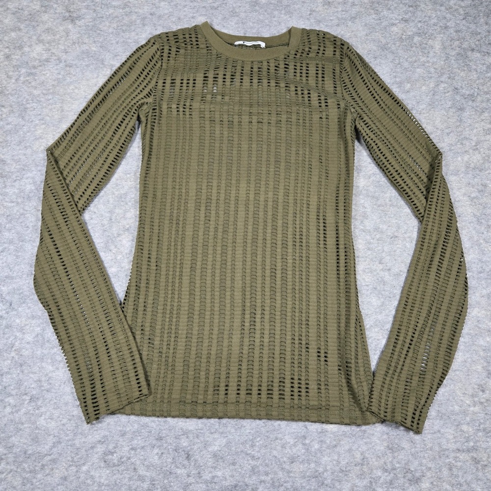T by Alexander Wang Womens Olive Green Perforated Mesh Long Sleeve Top Small